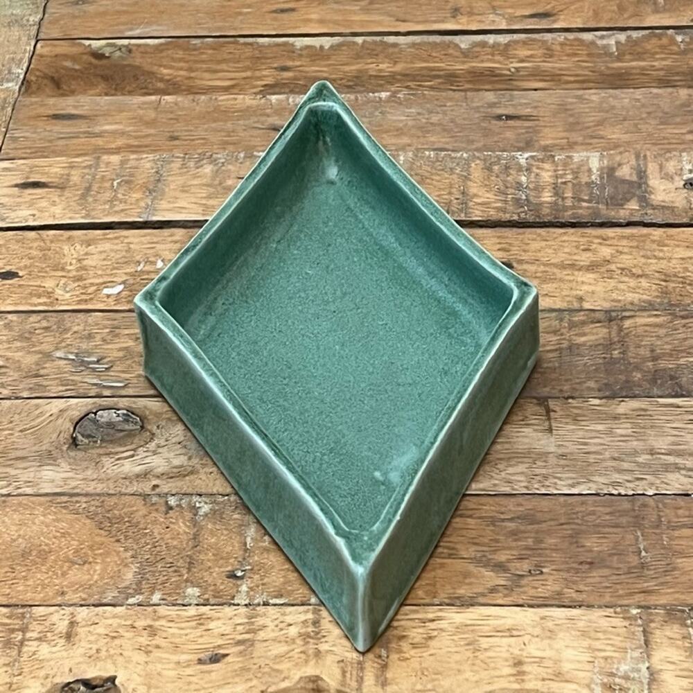 Art Studio Pottery Diamond Shaped Trinket Dish Emerald Green 10.5" Signed